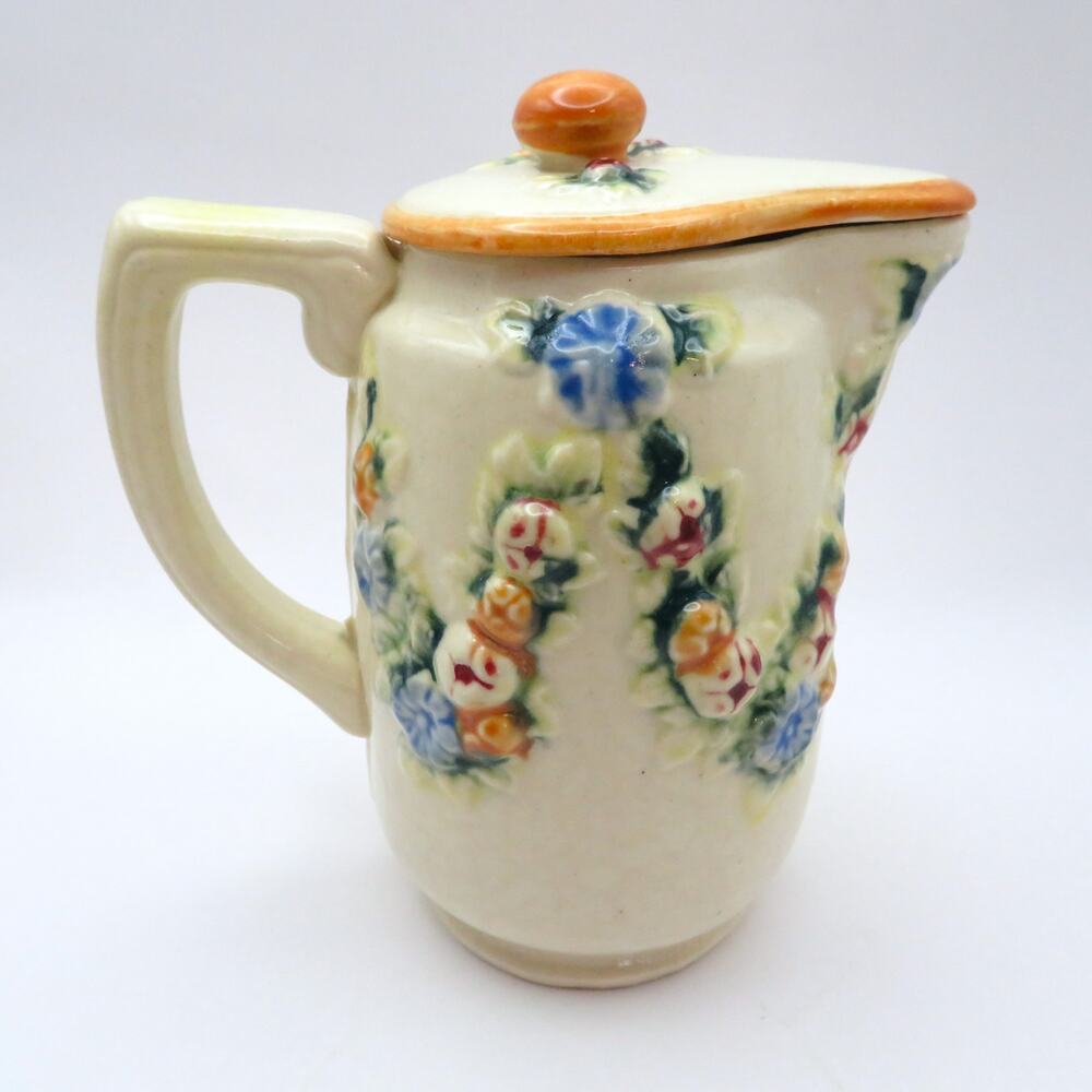 Vintage Mini Lidded Pitcher Hand Painted Raised Floral Design Cottage Kitchen